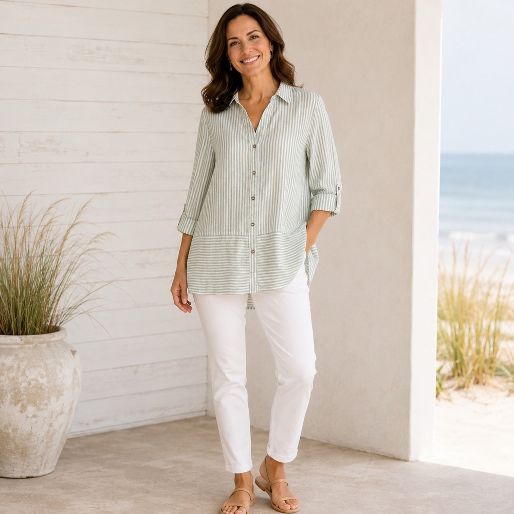 Jones New York Signature Striped Button Front Tunic Top Women's L Metallic Shine